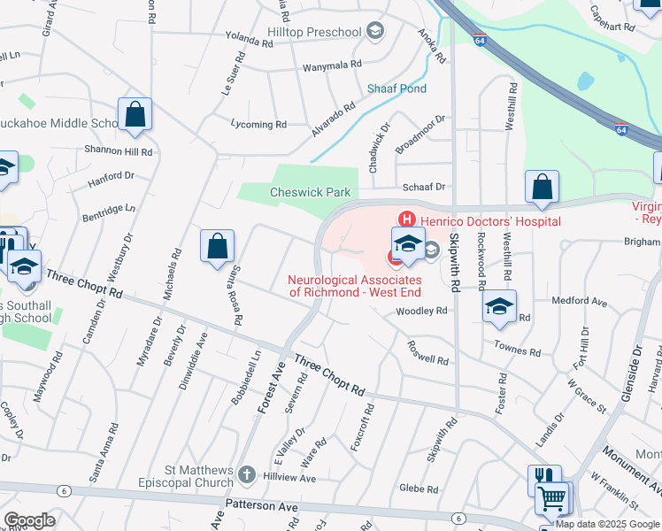 map of restaurants, bars, coffee shops, grocery stores, and more near Honey Grove Drive in Richmond