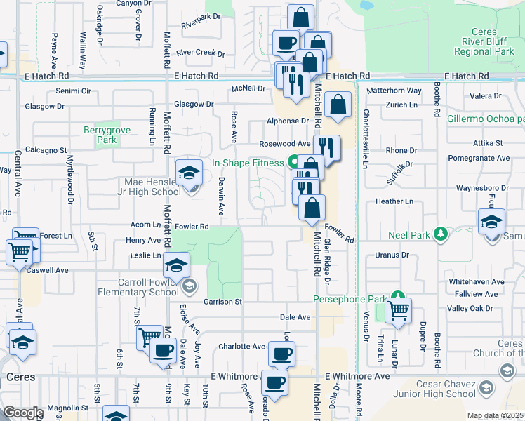 map of restaurants, bars, coffee shops, grocery stores, and more near Pajaro Lane in Ceres