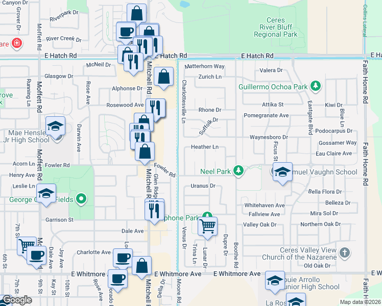 map of restaurants, bars, coffee shops, grocery stores, and more near 3305 Heather Lane in Ceres