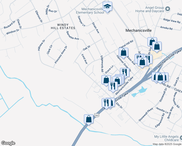 map of restaurants, bars, coffee shops, grocery stores, and more near 7261 Elm Tree Terrace in Mechanicsville