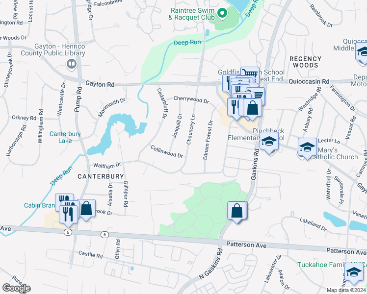 map of restaurants, bars, coffee shops, grocery stores, and more near 1502 Chauncey Lane in Henrico