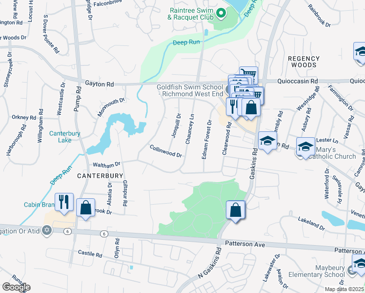 map of restaurants, bars, coffee shops, grocery stores, and more near 1502 Chauncey Lane in Henrico