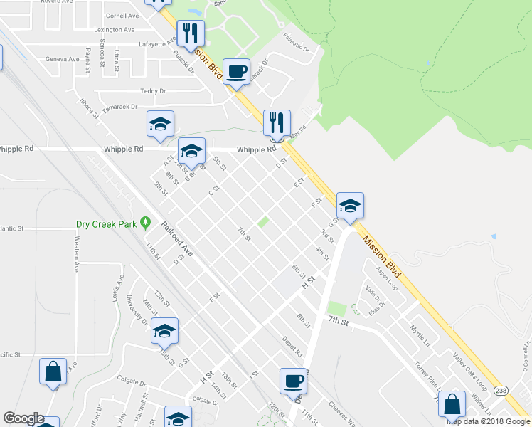 map of restaurants, bars, coffee shops, grocery stores, and more near 5th Street & E Street in Union City