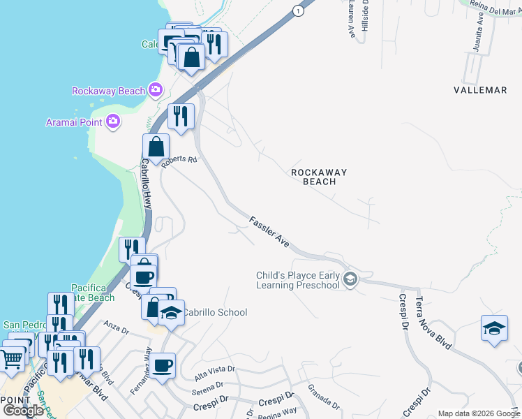 map of restaurants, bars, coffee shops, grocery stores, and more near 807 Fassler Avenue in Pacifica
