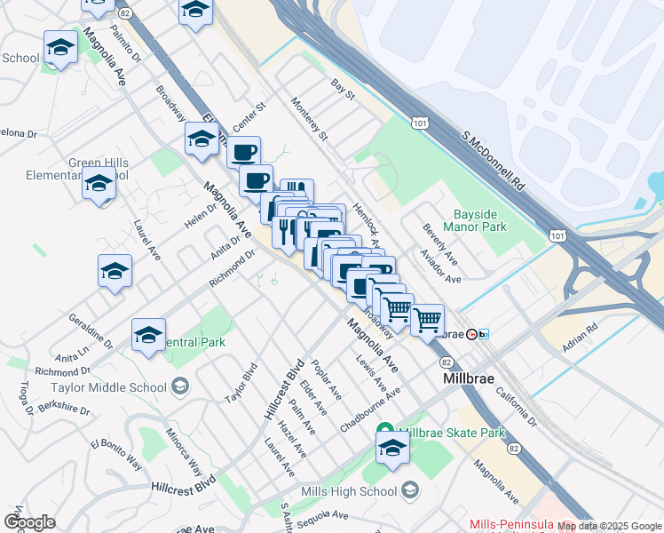map of restaurants, bars, coffee shops, grocery stores, and more near 1201 Broadway in Millbrae
