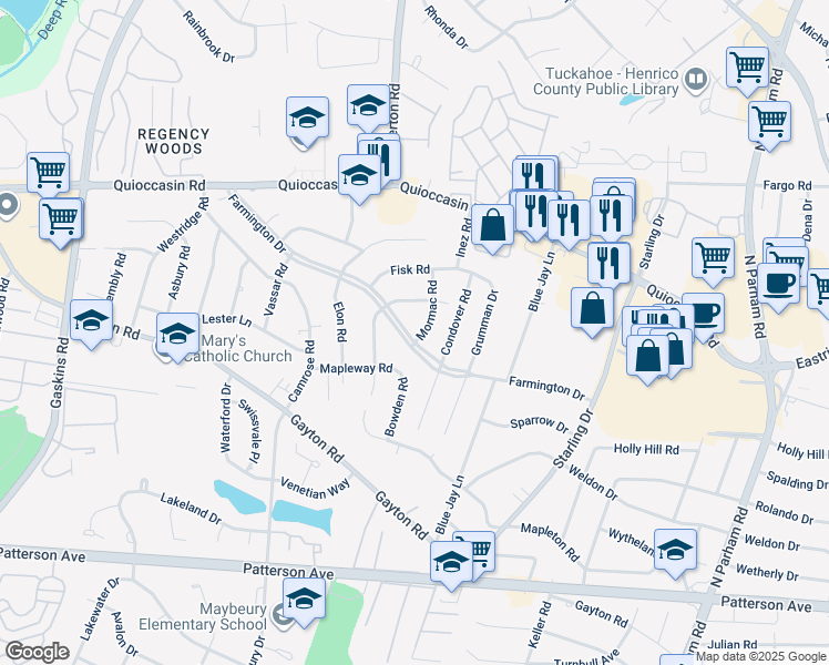 map of restaurants, bars, coffee shops, grocery stores, and more near 1300 Mormac Road in Richmond