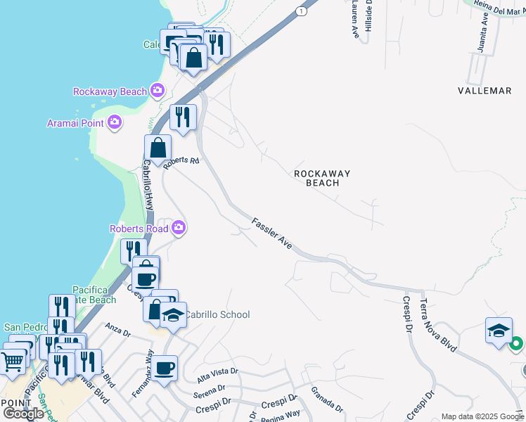 map of restaurants, bars, coffee shops, grocery stores, and more near 803 Fassler Avenue in Pacifica