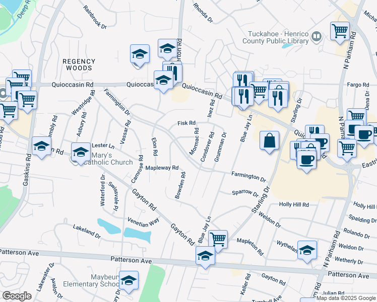 map of restaurants, bars, coffee shops, grocery stores, and more near 1300 Mormac Road in Richmond