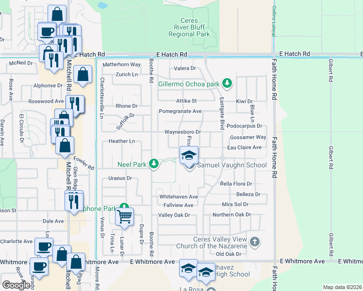 map of restaurants, bars, coffee shops, grocery stores, and more near 1812 Monterey Pine Avenue in Ceres