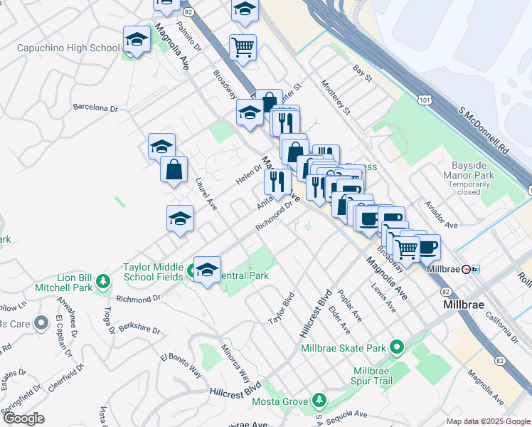 map of restaurants, bars, coffee shops, grocery stores, and more near 223 Anita Drive in Millbrae