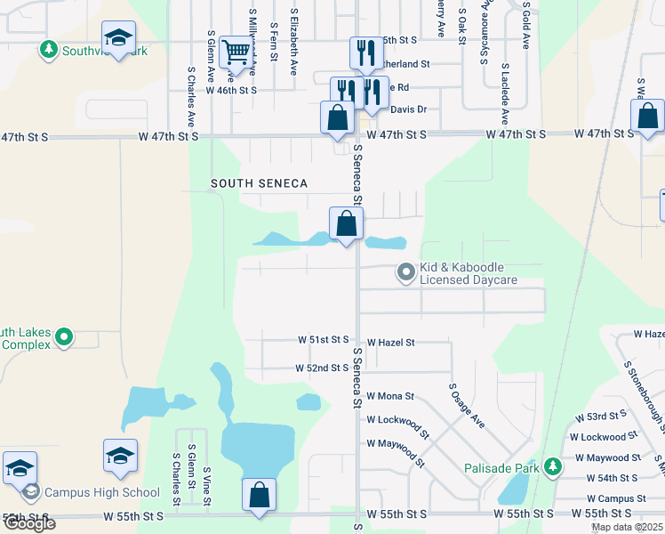 map of restaurants, bars, coffee shops, grocery stores, and more near 1122 W 50th Street South in Wichita