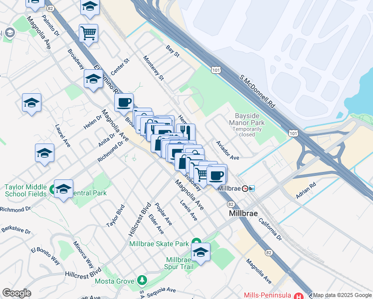 map of restaurants, bars, coffee shops, grocery stores, and more near 450 El Camino Real in Millbrae