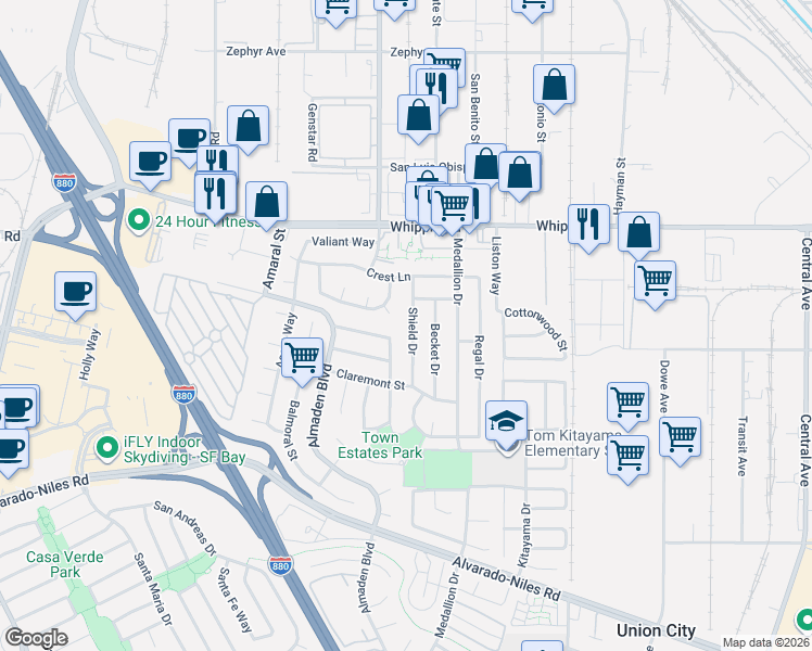 map of restaurants, bars, coffee shops, grocery stores, and more near 2480 Shield Drive in Union City