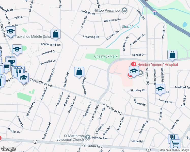 map of restaurants, bars, coffee shops, grocery stores, and more near 1602 Rolling Hills Drive in Richmond