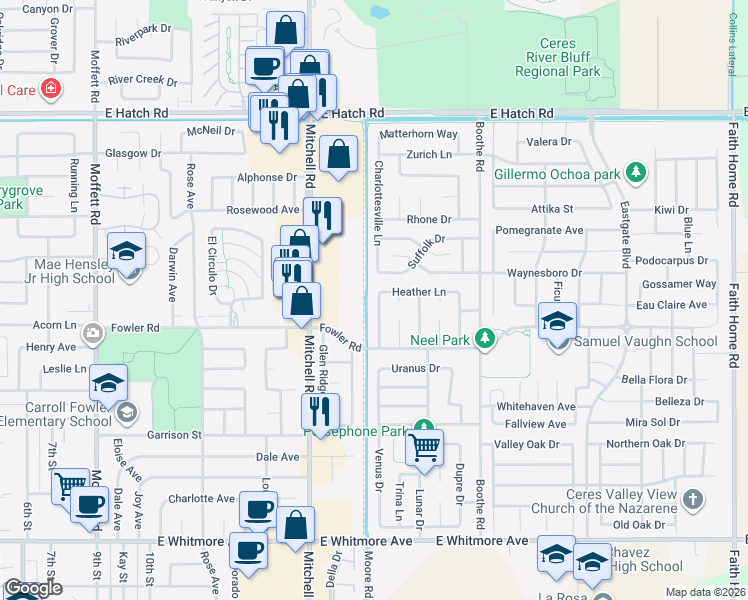 map of restaurants, bars, coffee shops, grocery stores, and more near 1809 Larkspur Lane in Ceres