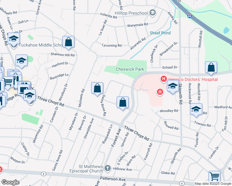 map of restaurants, bars, coffee shops, grocery stores, and more near 1602 Rolling Hills Drive in Richmond