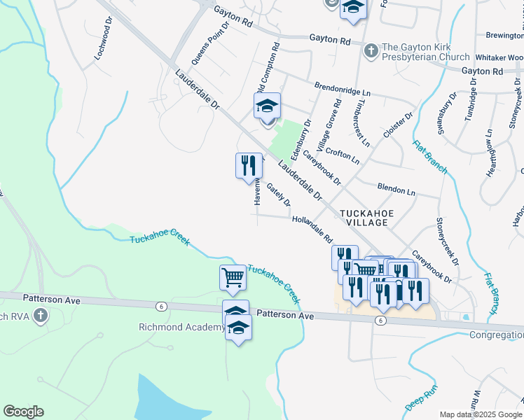 map of restaurants, bars, coffee shops, grocery stores, and more near 1717 Hollandale Road in Richmond
