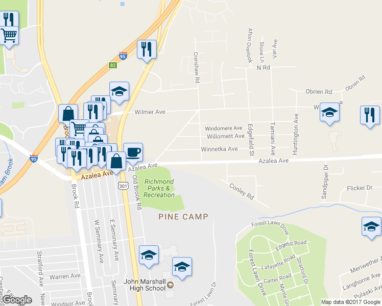 map of restaurants, bars, coffee shops, grocery stores, and more near 809 Winnetka Avenue in Richmond