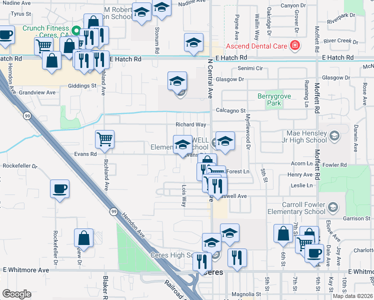 map of restaurants, bars, coffee shops, grocery stores, and more near 1733 Margaret Way in Ceres