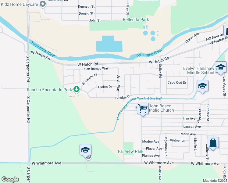 map of restaurants, bars, coffee shops, grocery stores, and more near 1812 Cielito Drive in Modesto