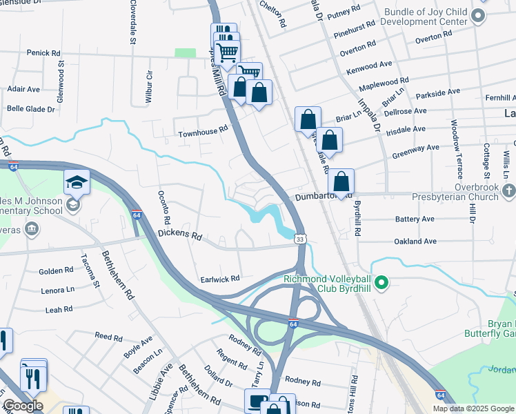 map of restaurants, bars, coffee shops, grocery stores, and more near 53 Waterfall Road in Richmond