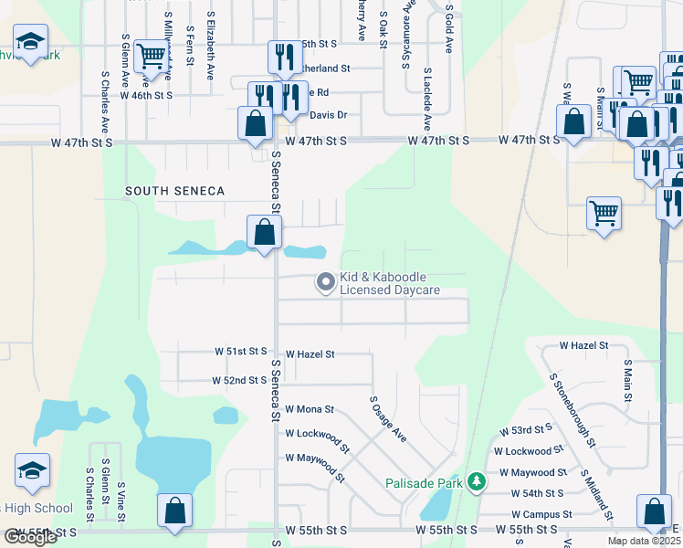 map of restaurants, bars, coffee shops, grocery stores, and more near 5010 South Osage Circle in Wichita