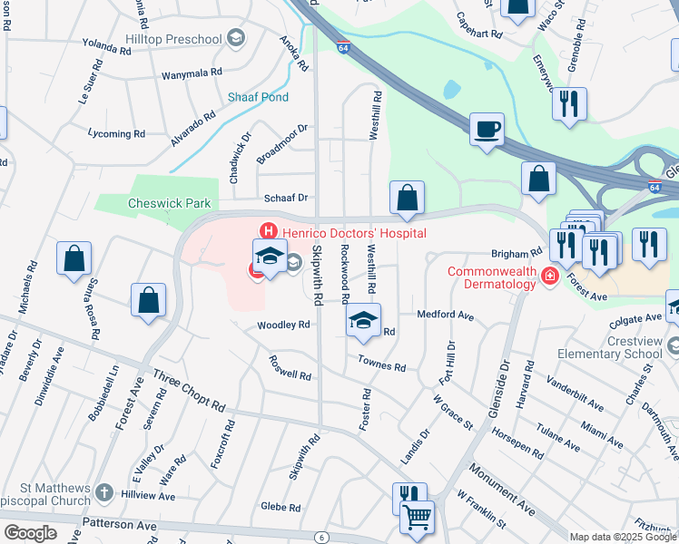 map of restaurants, bars, coffee shops, grocery stores, and more near 1610 Rockwood Road in Richmond
