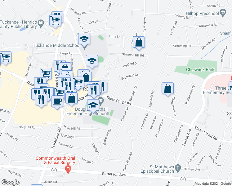map of restaurants, bars, coffee shops, grocery stores, and more near 1505 Bexhill Road in Richmond