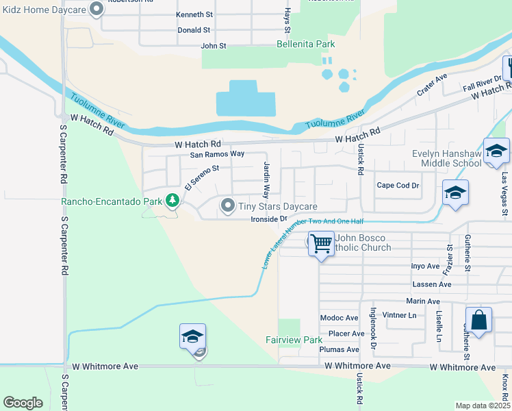map of restaurants, bars, coffee shops, grocery stores, and more near 1812 Cielito Drive in Modesto