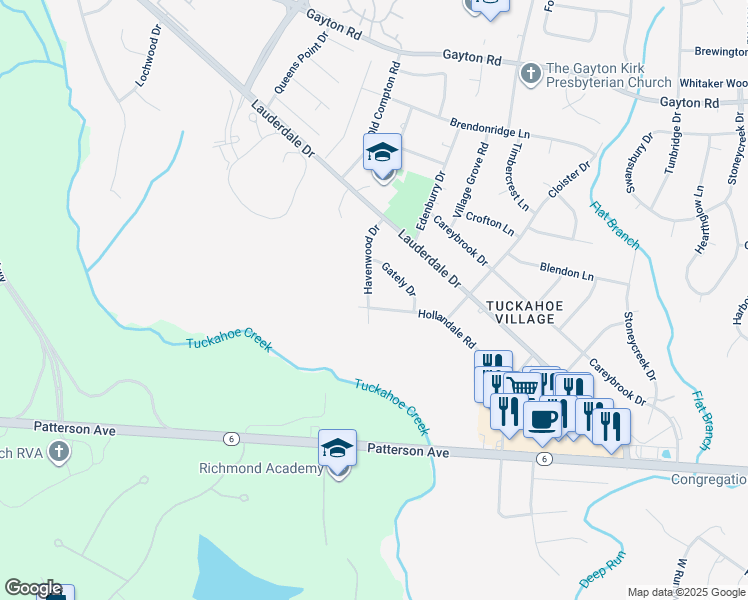 map of restaurants, bars, coffee shops, grocery stores, and more near 1717 Hollandale Road in Richmond
