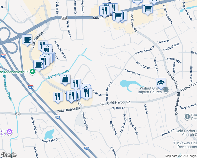 map of restaurants, bars, coffee shops, grocery stores, and more near 7256 Walnut Grove Court in Mechanicsville