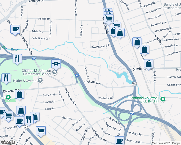map of restaurants, bars, coffee shops, grocery stores, and more near 5412 Windingbrook Road in Richmond