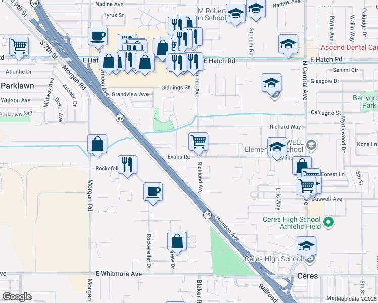 map of restaurants, bars, coffee shops, grocery stores, and more near in Ceres