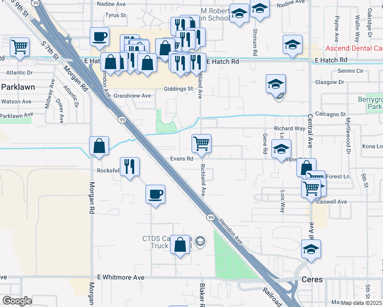 map of restaurants, bars, coffee shops, grocery stores, and more near in Ceres