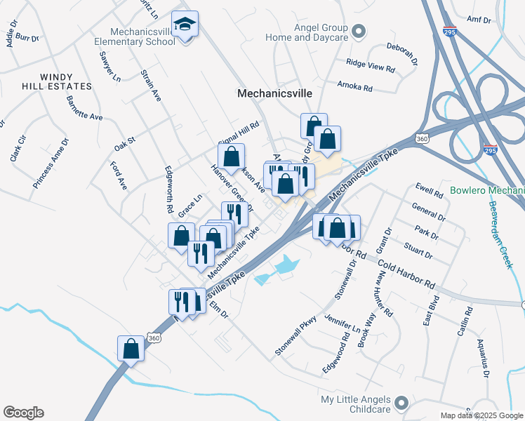 map of restaurants, bars, coffee shops, grocery stores, and more near 8050 Mechanicsville Turnpike in Mechanicsville