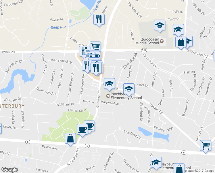 map of restaurants, bars, coffee shops, grocery stores, and more near 9603 Gayton Road in Richmond