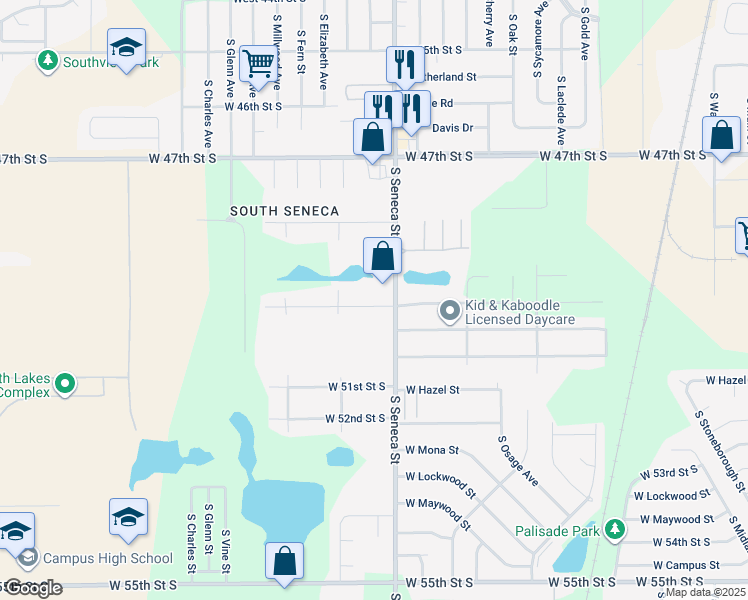 map of restaurants, bars, coffee shops, grocery stores, and more near 1122 West 50th Street South in Wichita