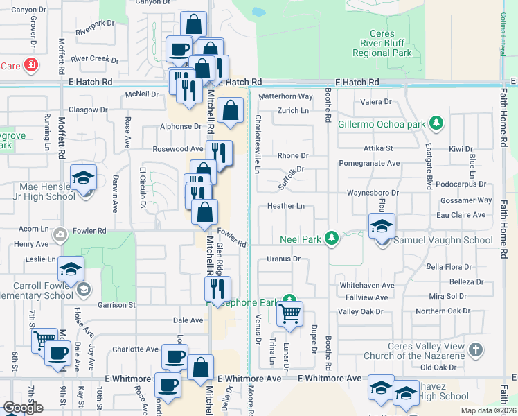 map of restaurants, bars, coffee shops, grocery stores, and more near 1800 Larkspur Lane in Ceres