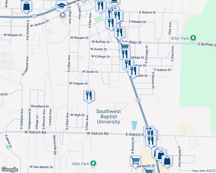 map of restaurants, bars, coffee shops, grocery stores, and more near 1000-1156 S Main Ave in Bolivar