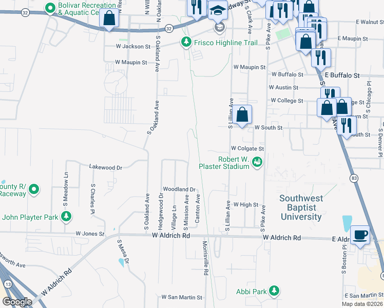 map of restaurants, bars, coffee shops, grocery stores, and more near Frisco Highline Trail in Bolivar
