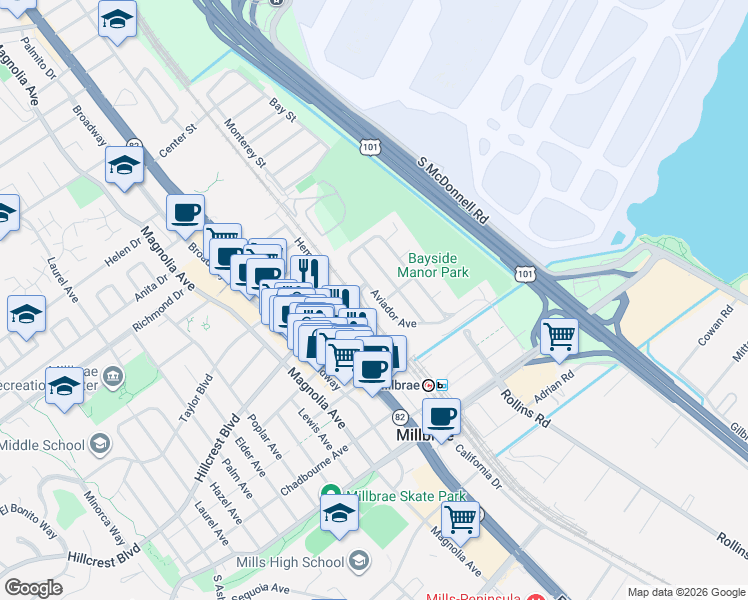 map of restaurants, bars, coffee shops, grocery stores, and more near 311 Aviador Avenue in Millbrae