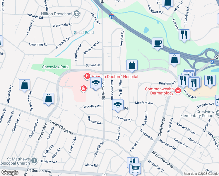 map of restaurants, bars, coffee shops, grocery stores, and more near 1612 Rockwood Road in Richmond