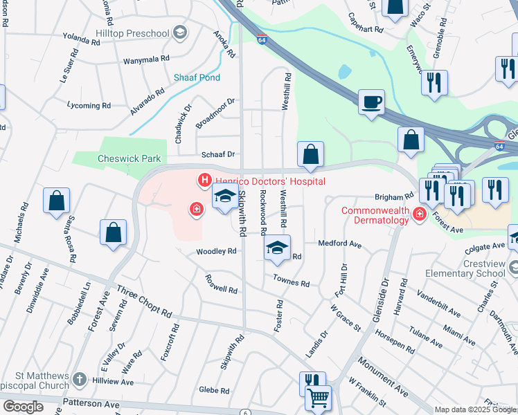 map of restaurants, bars, coffee shops, grocery stores, and more near 1612 Rockwood Road in Richmond