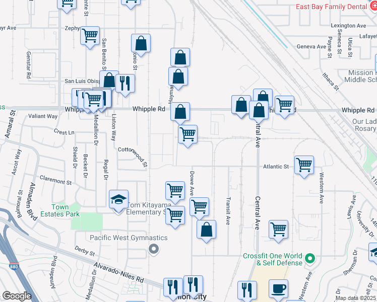 map of restaurants, bars, coffee shops, grocery stores, and more near 1555 Atlantic Street in Union City