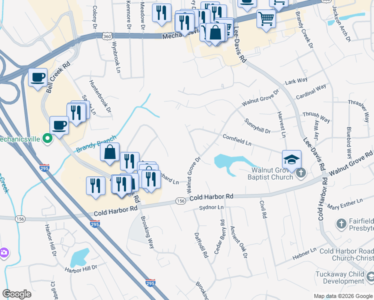 map of restaurants, bars, coffee shops, grocery stores, and more near 7271 Cornfield Court in Mechanicsville