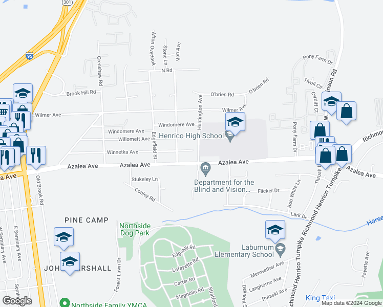 map of restaurants, bars, coffee shops, grocery stores, and more near 407 Winnetka Avenue in Richmond