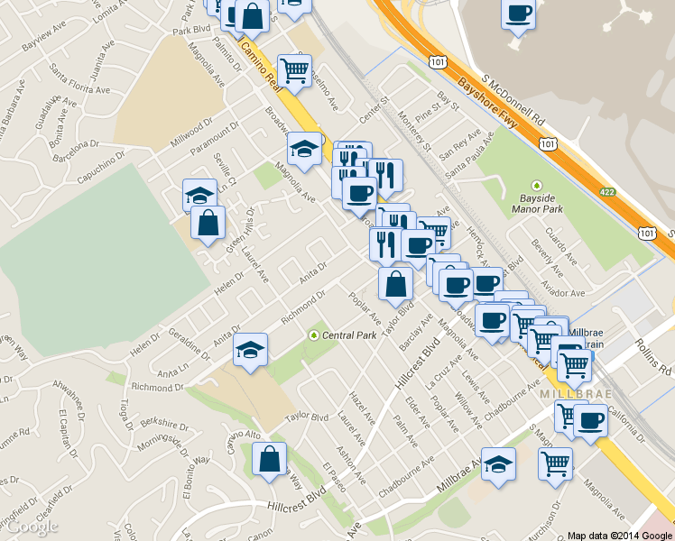 map of restaurants, bars, coffee shops, grocery stores, and more near 223 Anita Drive in Millbrae