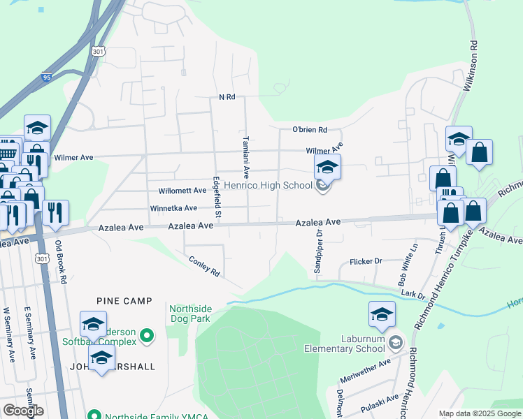 map of restaurants, bars, coffee shops, grocery stores, and more near 411 Winnetka Avenue in Richmond