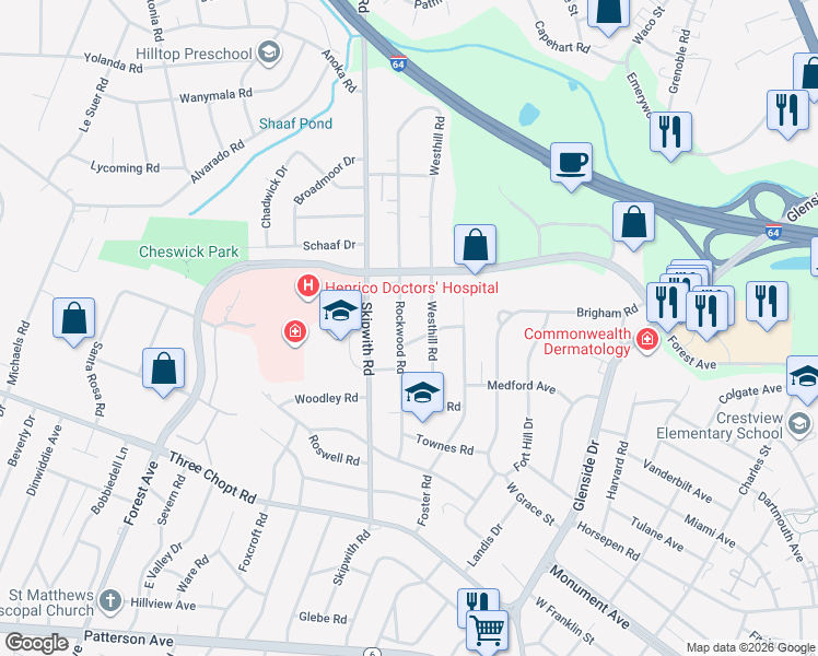 map of restaurants, bars, coffee shops, grocery stores, and more near 1616 Rockwood Road in Richmond