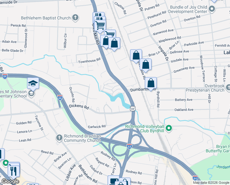 map of restaurants, bars, coffee shops, grocery stores, and more near 11 Waterfall Road in Henrico